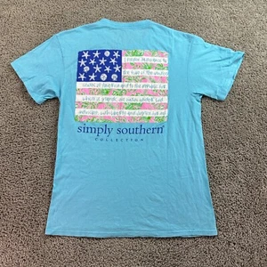 Simply Southern Shirt Women Medium Blue Pink USA Flag Pledge Of Allegiance FLAW - Picture 1 of 11