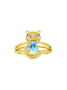RYLOS YELLOW GOLD PLATED SILVER BLUE TOPAZ & DIAMOND GEM CAT RING SIZE 5-13 - Picture 1 of 6