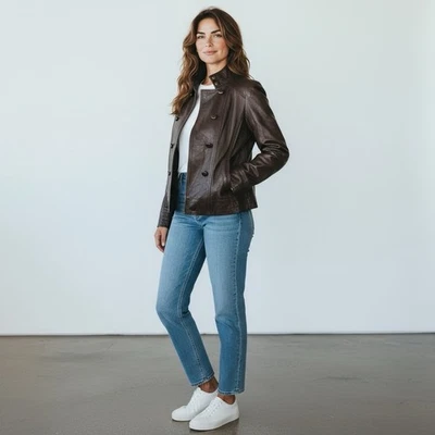 Chaqueta de Motociclista de Colección Topshop Alta Clásica Marrón Cuero Genuino Talla U.S.L/U.K.16 Foto 1 de 4