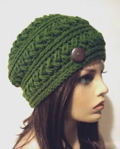 handmade crochet womans button hat beanie puffs sea turtle green - Picture 1 of 3