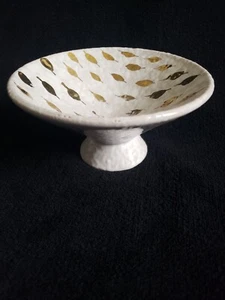 Vtg MCM Original Aldo Londi Bitossi Ceramic White & Gold Pedestal Bowl Plumes - Picture 1 of 8