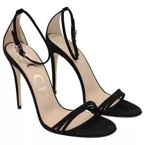 Gucci GG Logo Marmont Black Suede Heels Sandals Isle Crystal Ankle Strap EU 40 - Picture 1 of 18