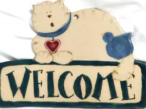 Cat Welcome Plaque Ceramic Pottery Hanging 3D Wall Folk Art Blue Bird EUC - Picture 1 of 10