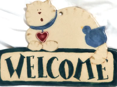 Placa de bienvenida de gato cerámica colgante 3D pared arte popular pájaro azul Foto 1 de 4