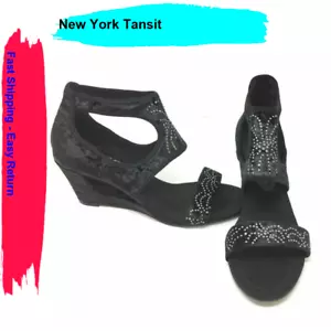 New York Transit Natural Pretty Wedge Sandals Black Size 9 W - Picture 1 of 3