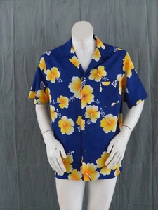 Vintage Hawaiian Shirt - Blue and Yellow Floral Pattern by Hilo Hattie - Mens XL - Picture 1 of 10