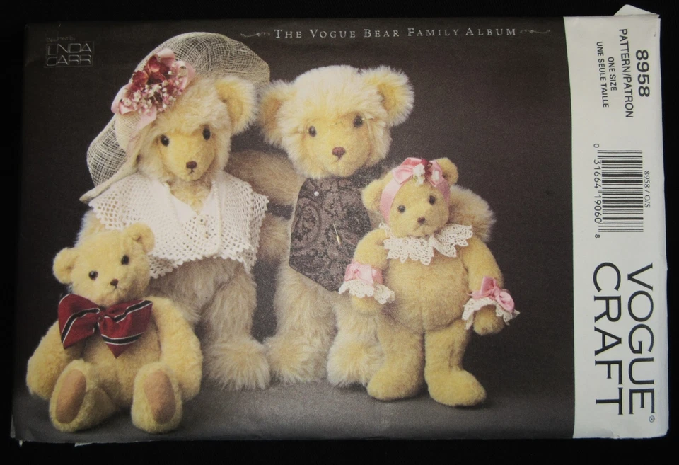 Vogue Craft Pattern 8958 VOGUE Bear Family 13" and 9 1/2" Bears Linda Carr UNCUT - Image 1 of 4
