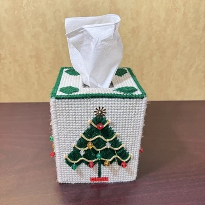 Vintage Christmas Tissue Box Holder - Handmade Christmas Tree Plastic Canvas - Image 1 of 4