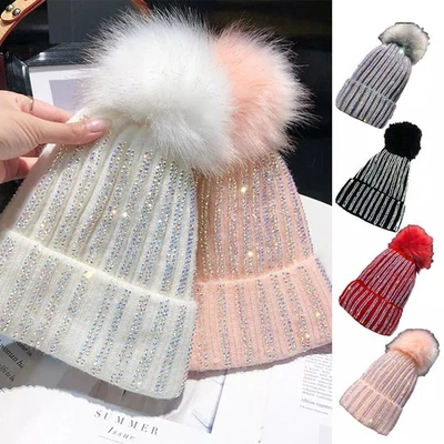 Lady Knit Bobble Hat Rhinestone Thermal Fleece Lined Beanie Ski Cap Pom Pom Ball