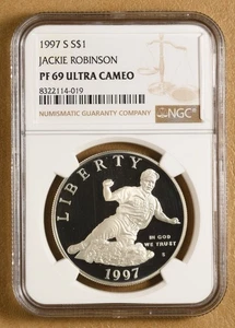 1997 S Jackie Robinson Commemorative Silver Dollar NGC PF 69 Ultra Cameo - Picture 1 of 2
