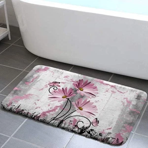 Rustic Farmhouse Bath Rug, Farm Pink Grey Daisy Floral Flowers and Butterfly ... - Foto 1 di 3