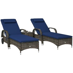 3pc Outdoor Set, 2 Reclining Chairs, Cushions, Wheels, Side Table, PE Wicker - Picture 1 of 11