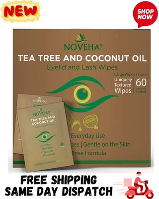 NOVEHA Tea Tree & Coconut Oil Eyelid & Lash Wipes | For Demodex, 1 Pack | UK - Image 1 of 4