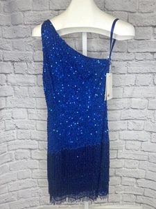 Mac Duggal Sequined Mini Dress NEW Cobalt Blue One Shoulder Fringe Hem Size 6 - Picture 1 of 12