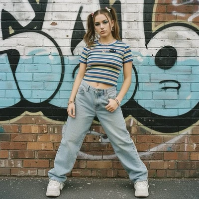 Top corto dELiAs Y2K talla XS acanalado colorido arco iris rayas años 90 grunge hippie Foto 1 de 4