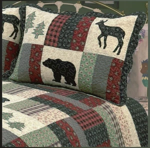 CHALET VILLAGE 3pc King QUILT SET : MOUNTAIN BLACK BEAR BUCK DEER LODGE CABIN - Picture 1 of 4