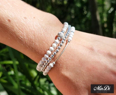 Handmade Stackable Stretch Bracelets With Sterling Silver & Howlite. - Image 1 of 4