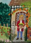 Aceo Original Art Painting Garden Trellis House Woman Girl Flowers Plants OOAK 