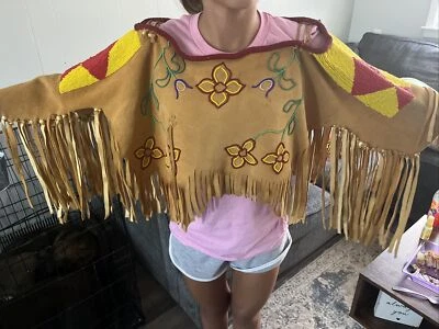 Authentic Haida Tribe Fringe Suede Poncho Scarf Hand Made Indigenous Tribe - Image 1 of 4