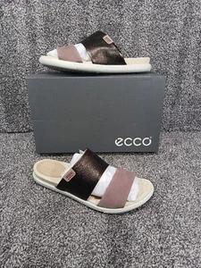 New ECCO Damara Slides Leather Flats Sandals US 10.5 / EU 41 Licorice/Deep Taupe - Picture 1 of 15