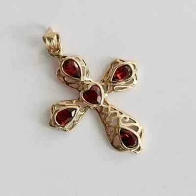 14K Yellow Gold Plated 2Ct Heart Cut Lab-Created Red Garnet Womens Cross Pendant - Image 1 of 3