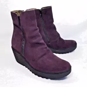 Fly London Yopa Purple Booties SZ 10 - Suede Platform Wedge in 002 Purple/Black - Picture 1 of 9