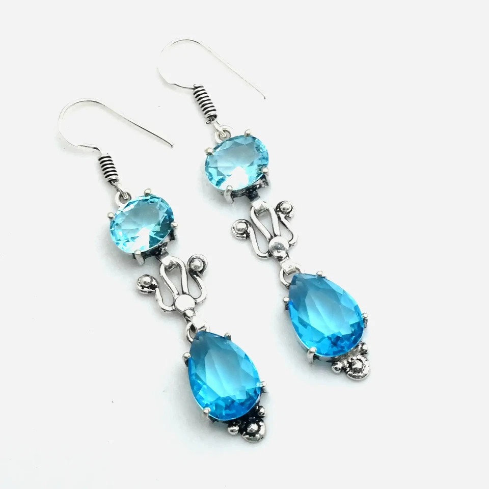 Pendientes colgantes hechos a mano con piedras preciosas de topacio azul joyería regalo 2,2" AE-11575 Foto 1 de 1