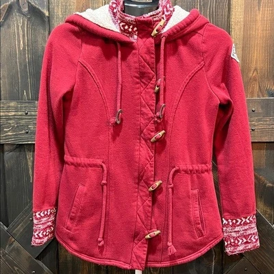 Jaqueta Hollister Y2K Fair Isle tamanho M vermelha borgonha pele sintética com capuz - Imagem 1 de 4