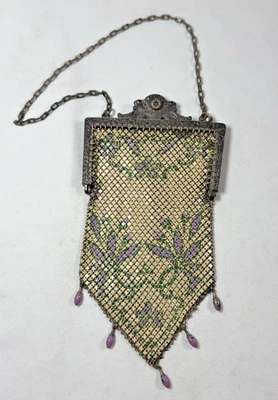 复古 Art Deco Mandalian 搪瓷网眼钱包 - 1920 年代花卉翻盖,美国 — 第 1/4 张图片