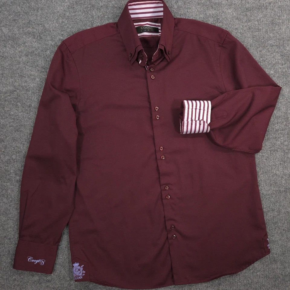Camisa COOGI Luxe Para Hombre L 16.5-35 Borgoña Bordada Cresta Puño Abatible Manga Larga Foto 1 de 4