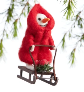 Snowman Ornament Red Felted Wool Sledding World Market - Picture 1 of 1