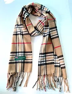Mens Womens Winter Warm SCOTLAND Made 100% CASHMERE Scarf Plaid Camel #P108 - Picture 1 of 3