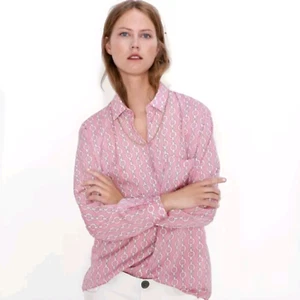 Zara Button Up Blouse Chain Pink White Size M Long Sleeves Classic! - Picture 1 of 9