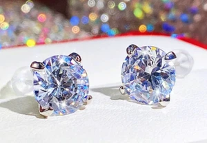 Silver Tone Round Iced Diamond CZ Stud Earrings - Picture 1 of 2