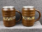 VTG MCM PORCUPINE QUILL OLIVE WOOD ETHIOPIAN AFRICAN MUGS W/ HANDLES METAL CUPS