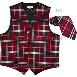 New Vesuvio Napoli Men's plaid checkered Tuxedo Vest Waistcoat_Necktie Red - Picture 1 of 4