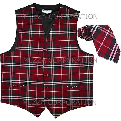 New Vesuvio Napoli Men's plaid checkered Tuxedo Vest Waistcoat_Necktie Red - Image 1 of 4