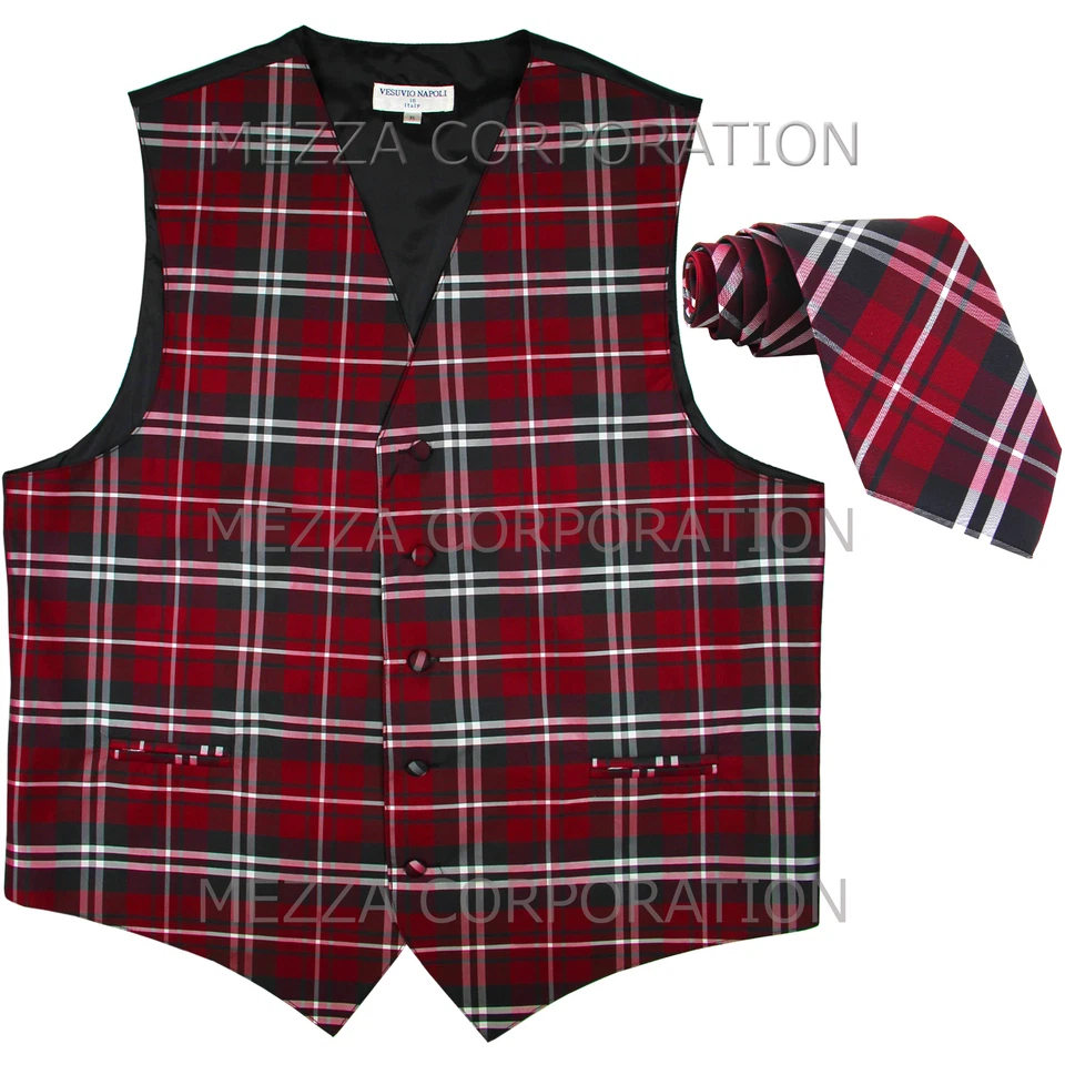 New Vesuvio Napoli Men's plaid checkered Tuxedo Vest Waistcoat_Necktie Red - Image 1 of 4