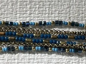 Multistrand Blue & Gold Seed bead Necklace Long, Gold-toned Chains, adjustable - Picture 1 of 8