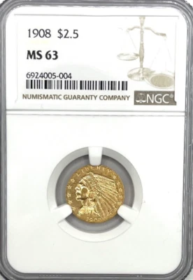 1908 $2.5 Indian Head Gold Coin, NGC MS-63, Better Date, Original Pre-33 Look. - Image 1 of 4