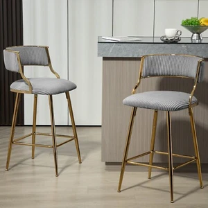 Counter Height Bar Stools Golden Chromed Base Corduroy Barstools Back Set of 2 - Picture 1 of 17