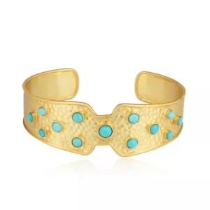 Hammered Design Yellow Gold Plated 925 Silver Turquoise Wide Cuff Bangle Jewelry - Picture 1 of 3