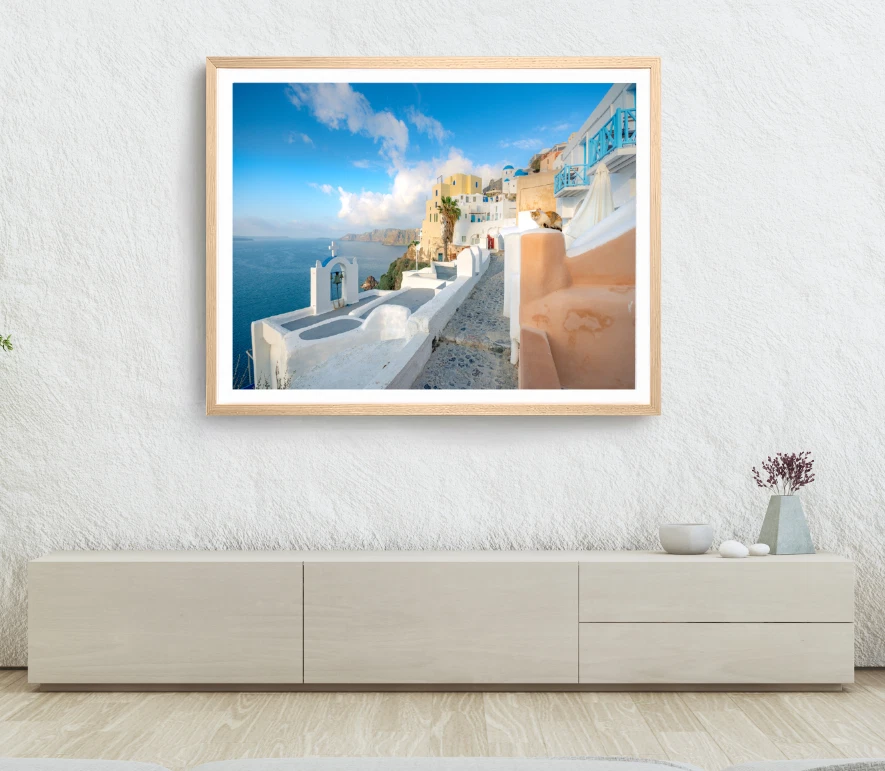 Oia Town Print, Greece Wall Art, Church & Sea Framed Beach Wall Art, Coastal - Image 1 of 1