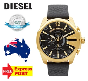 NEW DIESEL MEGA CHIEF DZ4344 GOLD/BLACK/LEATHER CHRONOGRAPH MENS WATCH - Picture 1 of 8