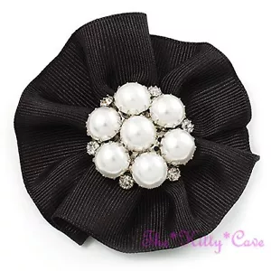 Black Satin Ribbon & Pearl Victorian Deco Style Brooch Pin w/ Swarovski Crystals - Picture 1 of 6