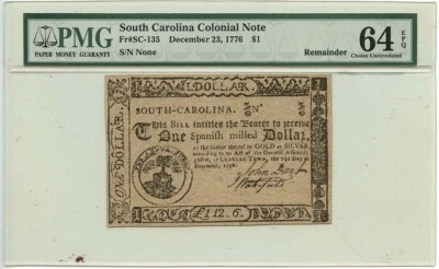 1776 December 23, $1 South Carolina Colonial Note FR#SC-135 PMG CU64 EPQ - Image 1 of 2