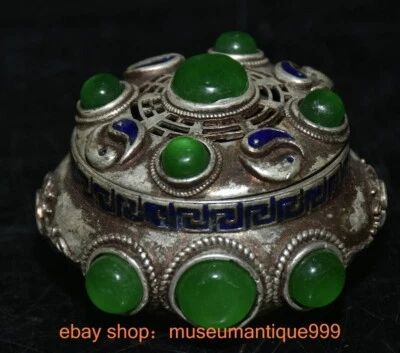 3" Old Chinese Silver inlay Green gem Eight Diagrams Incense Burner Censer - Image 1 of 4