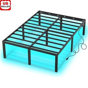 Queen Bed Frame Platform W/ LED Lights Charging Station Heavy Duty Noise Free US - Picture 1 of 9