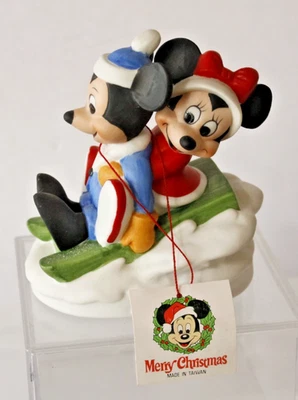 DISNEY GIFTWARE  MICKEY & MINNIE MOUSE ON SLED HAND PAINTED PORCELAIN FIGURINE - Image 1 of 4