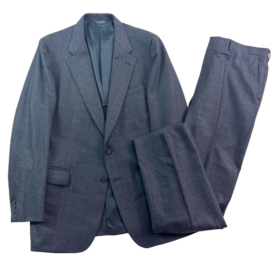 VTG 90s Cricketeer 42L 36x34 2pc Suit 100% Flannel Wool Charcoal Check Plaid USA - Image 1 of 4